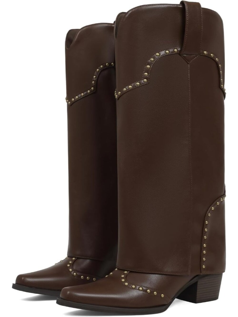 Women's Brown Fold Over Knee High Chunky Heel Over Studded Snip Toe Shark Boots